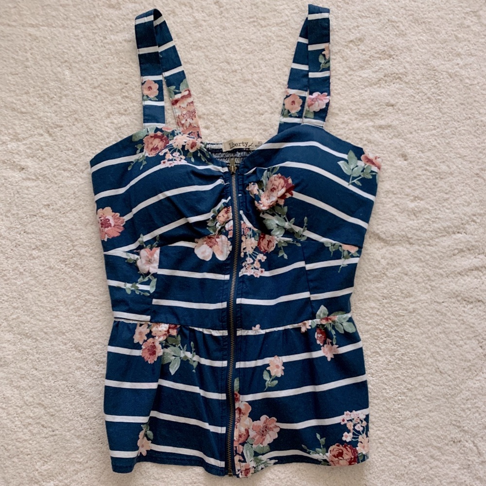 New “Liberty Love” Sexy Babydoll Blue Floral White Stripe Zipper Closure Top XL